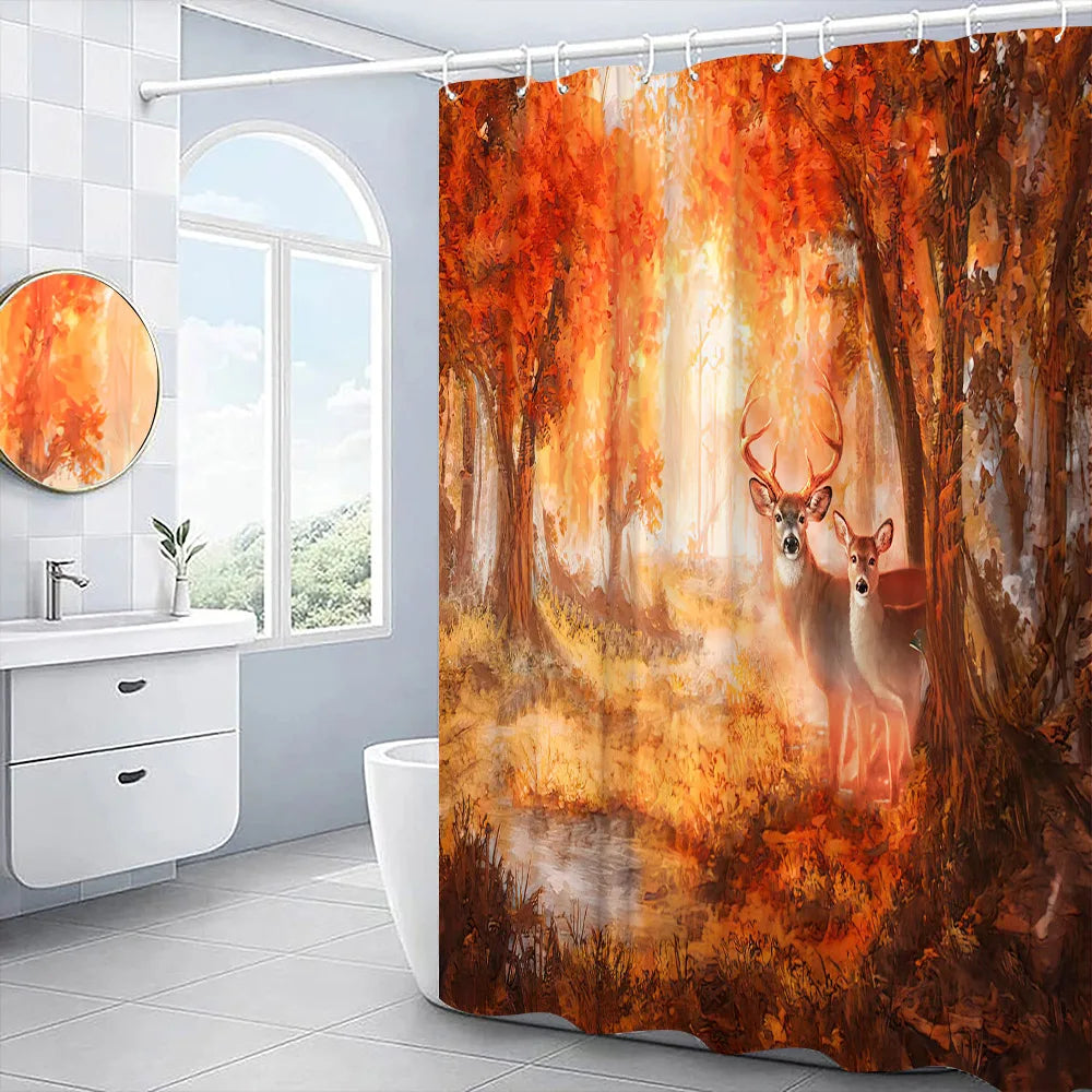 Autumn Shower Curtain Outside Window Landscape Fall Thanksgiving Maple Pumpkin Decor Sunflower Harvest Day Fabric Bath Curtain