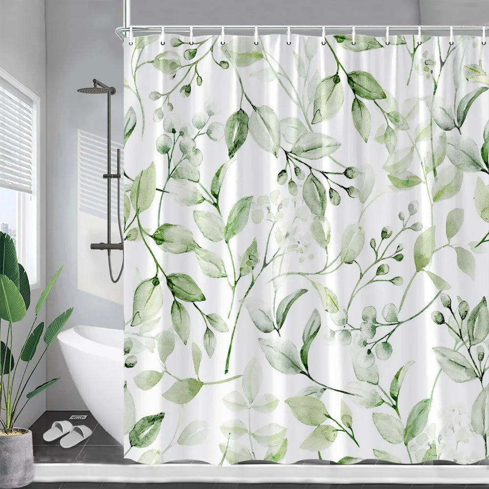 Blue Eucalyptus Leaves Shower Curtains Watercolor Flowers Plant Leaf Bath Curtain Set Polyester Fabric Bathroom Decor with Hooks