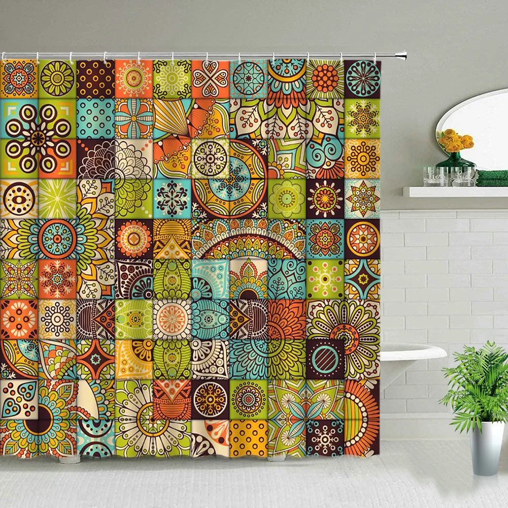 Bohemia Shower Curtain Set India Mandala Flower Geometric Printed Bath Curtains Waterproof Fabric Wall Screen Bathroom Decor
