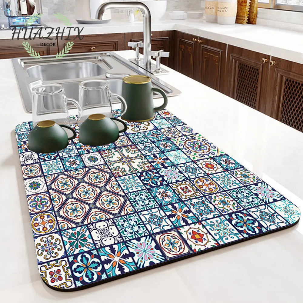 Boho Printed Dish Drying Mat Diatom Mud Water Absorbent Kitchen Sink Pad Splash Drainage Placemat Bathroom Bath Anti-skid Rugs