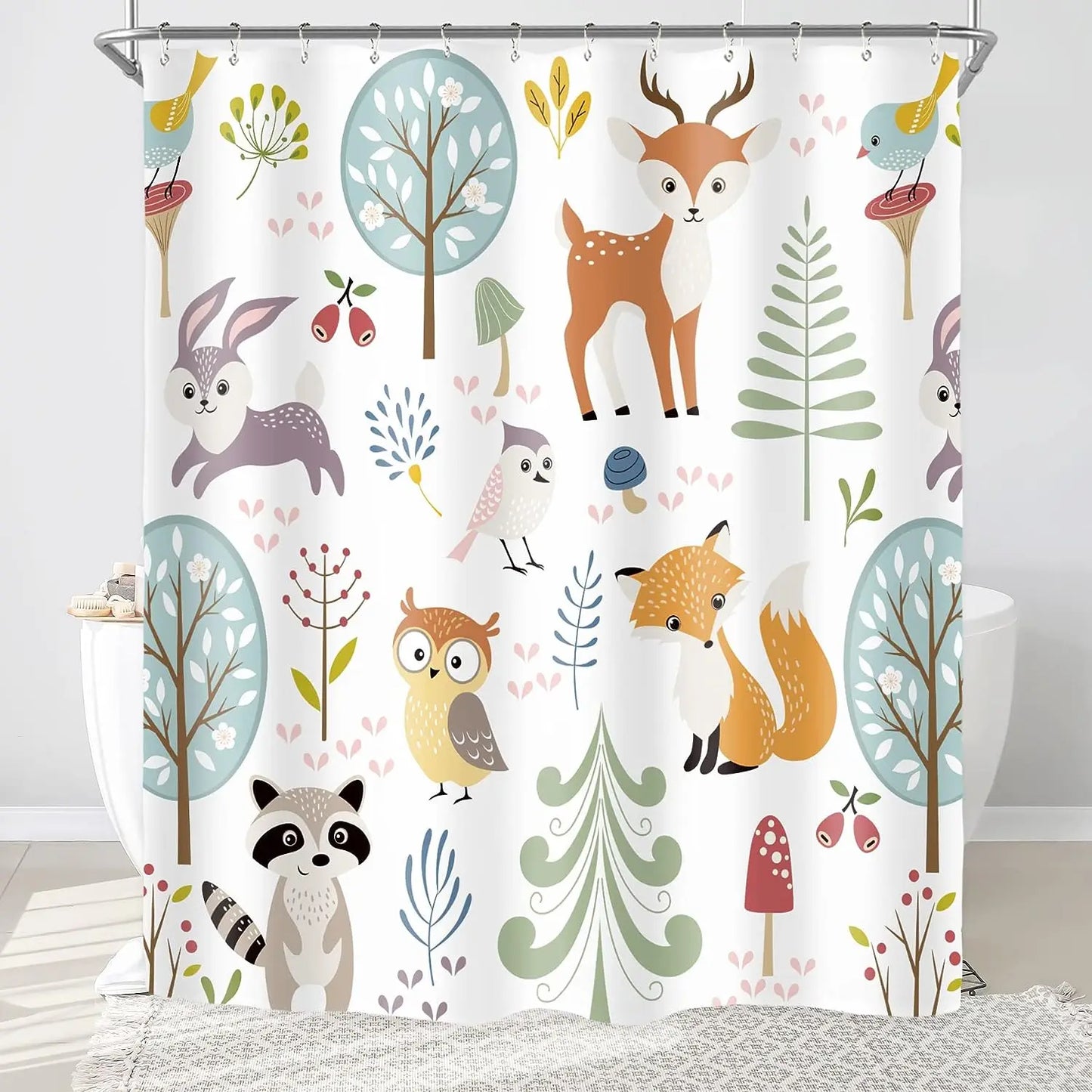 Cartoon Hand-Painted Animal Shower Curtain Cat Bird Rabbit Plant Flower Child Bathroom Decor With Hook Hanging Screen Washable