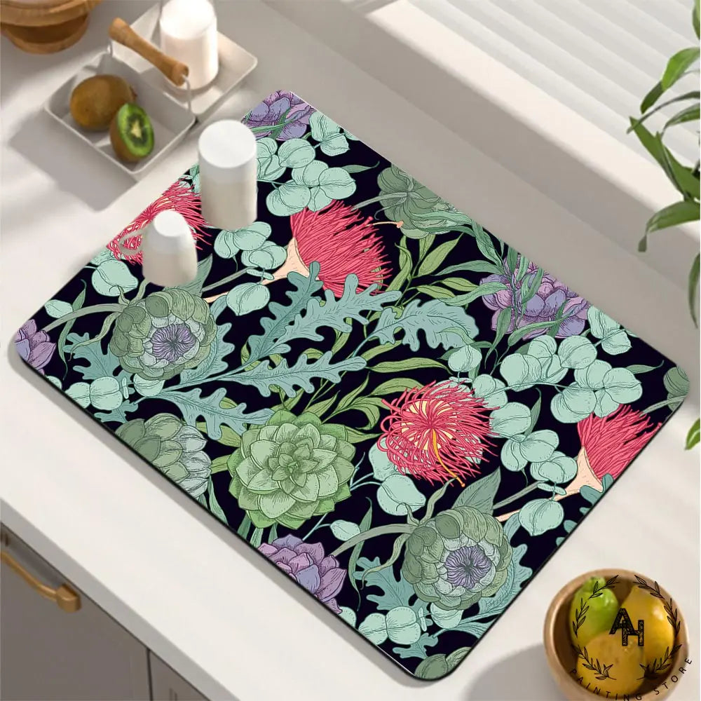Dish Drying Mat, Printed Rubber Placemat Draining Pad, Non-Slip Super Absorbent Coffee Machine Mat, Dining Table Decorations