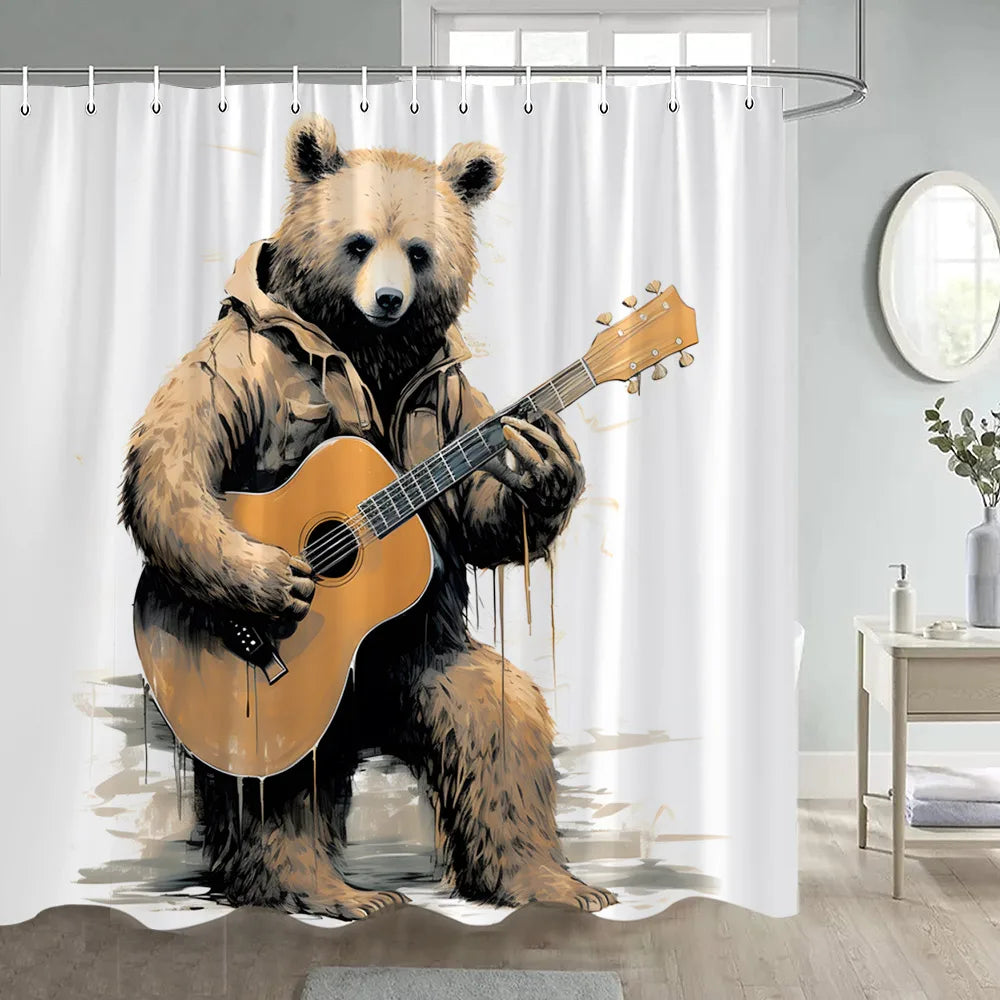 Funny Bear Shower Curtains Sea Waves Sharks Ocean Animals Creative Kids Bath Curtain Polyester Fabric Bathroom Decor with Hooks
