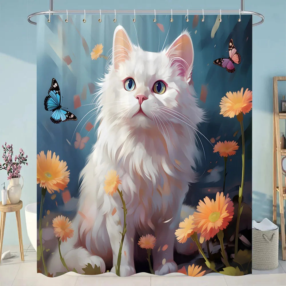 Funny Diving Cat Shower Curtain Cartoon Animals Oil Painting Style Polyester Washable Shower Curtains Bathroom Decor with Hooks