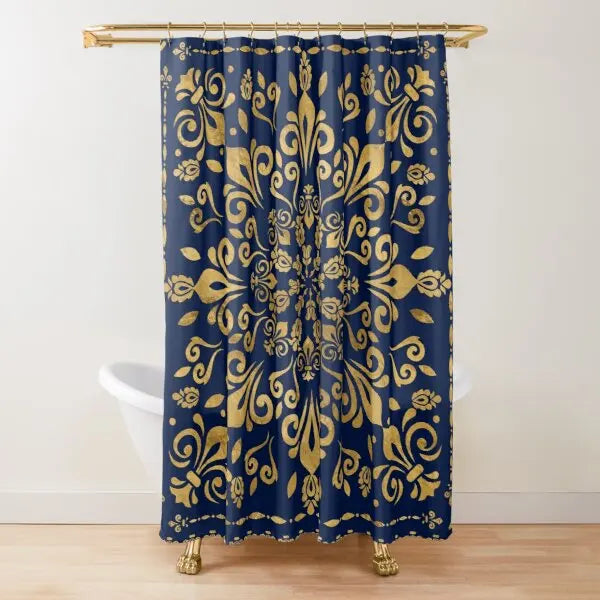 Golden Baroque Symmetrical Shower Curtain,golden Lion and Damask Ornament Luxury Design Gold Lace Bathroom Shower Curtains Set