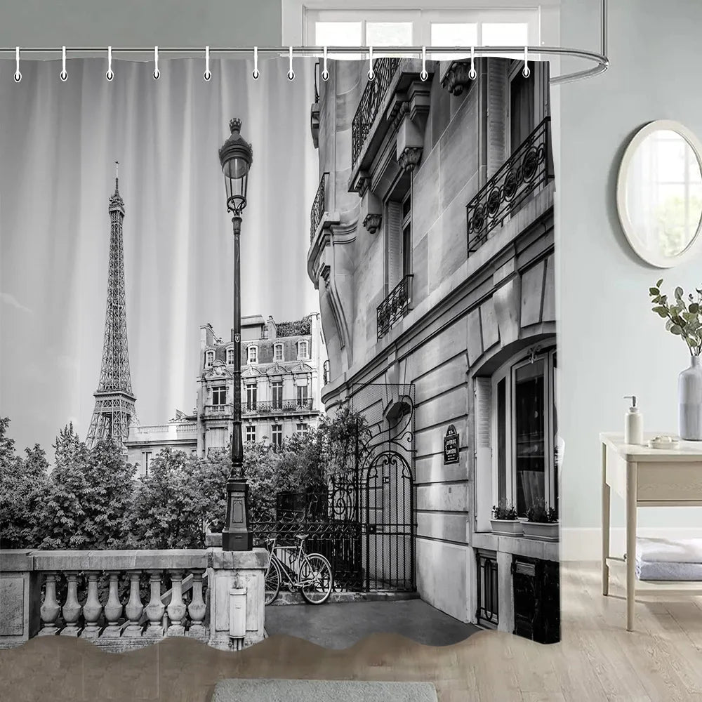 Greek Town Street View Shower Curtain Blue Wooden Doors Windows Flower Plant Wall Decor Bathroom Hanging Curtains Sets Polyester