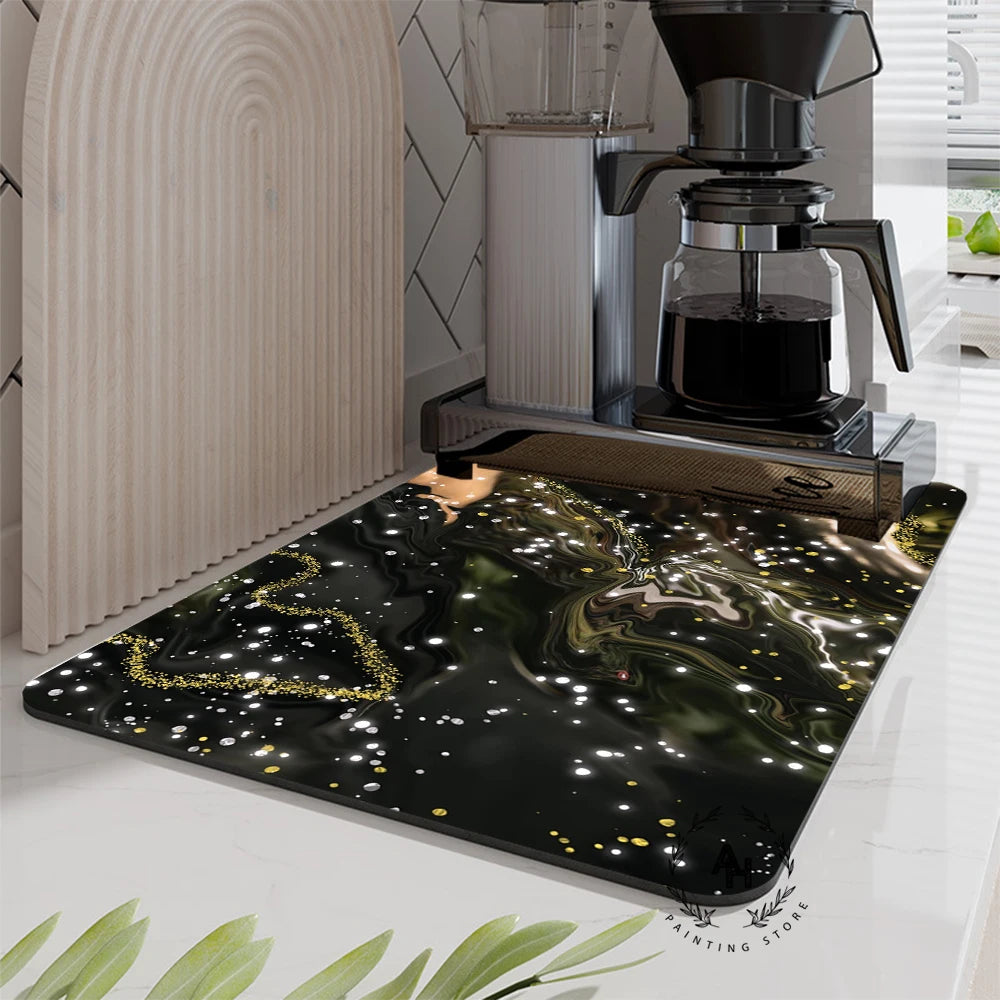 Marble Style Dish Drying Mat, Soft Rubber Draining Pad, Non-Slip Super Absorbent Coffee Machine Mat, Placemat Dining Table Decor