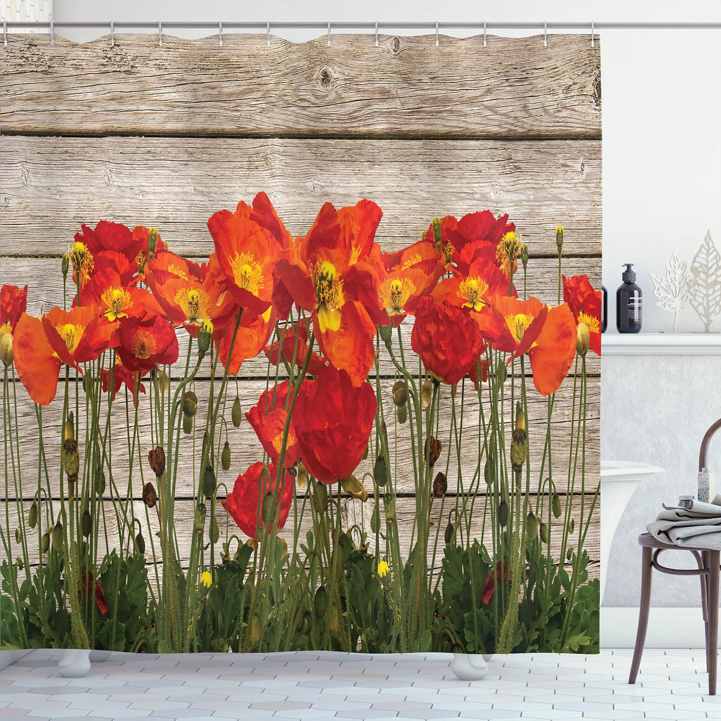 Red Flower Shower Curtain, Poppy Flower Shower Curtains with Floral Washable Fabric Shower Curtains for Bathroom Sets with Hooks