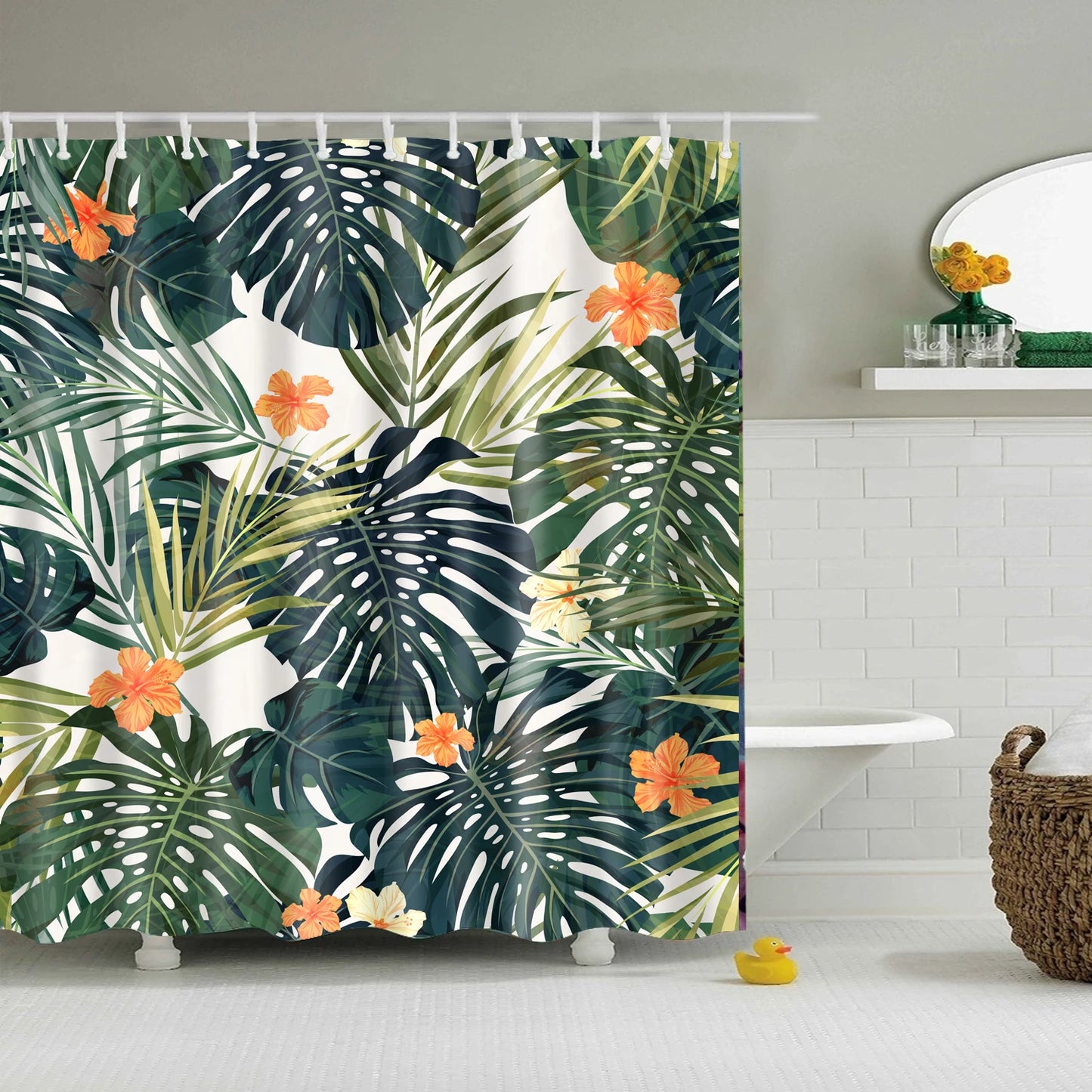 Tropical Green Plant Leaf Palm Cactus Shower Curtains Bathroom Curtain Frabic Waterproof Polyester Bathroom Curtain with Hooks