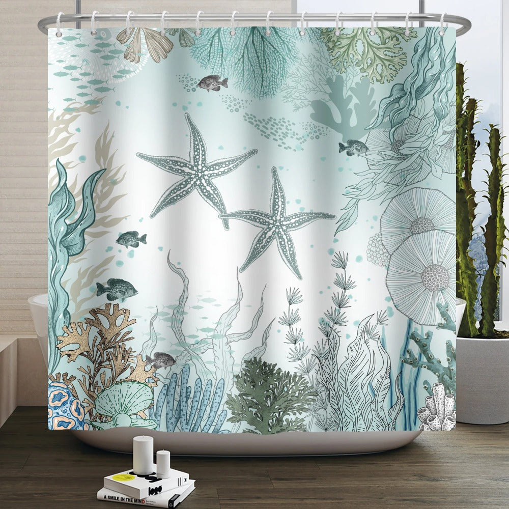 Sea Turtle Shower Curtain Ocean Animals Jellyfish Seahorse Starfish Nautical Underwater Marine Life Waterproof Bathroom Curtain