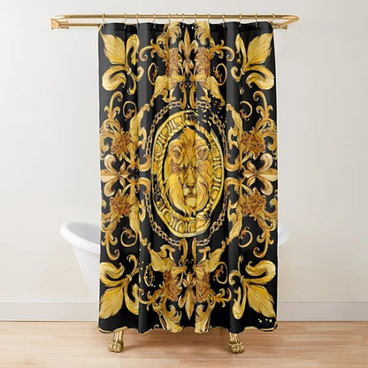 Golden Baroque Symmetrical Shower Curtain,golden Lion and Damask Ornament Luxury Design Gold Lace Bathroom Shower Curtains Set