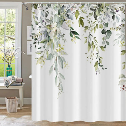 Blue Eucalyptus Leaves Shower Curtains Watercolor Flowers Plant Leaf Bath Curtain Set Polyester Fabric Bathroom Decor with Hooks