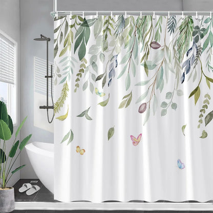 Blue Eucalyptus Leaves Shower Curtains Watercolor Flowers Plant Leaf Bath Curtain Set Polyester Fabric Bathroom Decor with Hooks