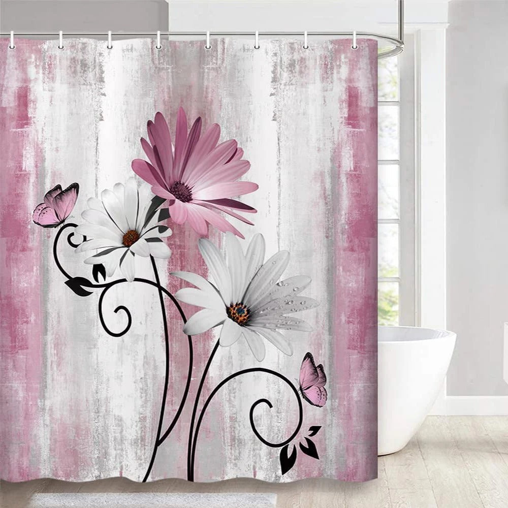 Teal Large Daisy Floral and Butterfly Shower Curtain Turquoise Bathroom Curtain  Waterproof Bathroom Decoration With Hooks
