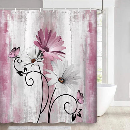 Teal Large Daisy Floral and Butterfly Shower Curtain Turquoise Bathroom Curtain  Waterproof Bathroom Decoration With Hooks