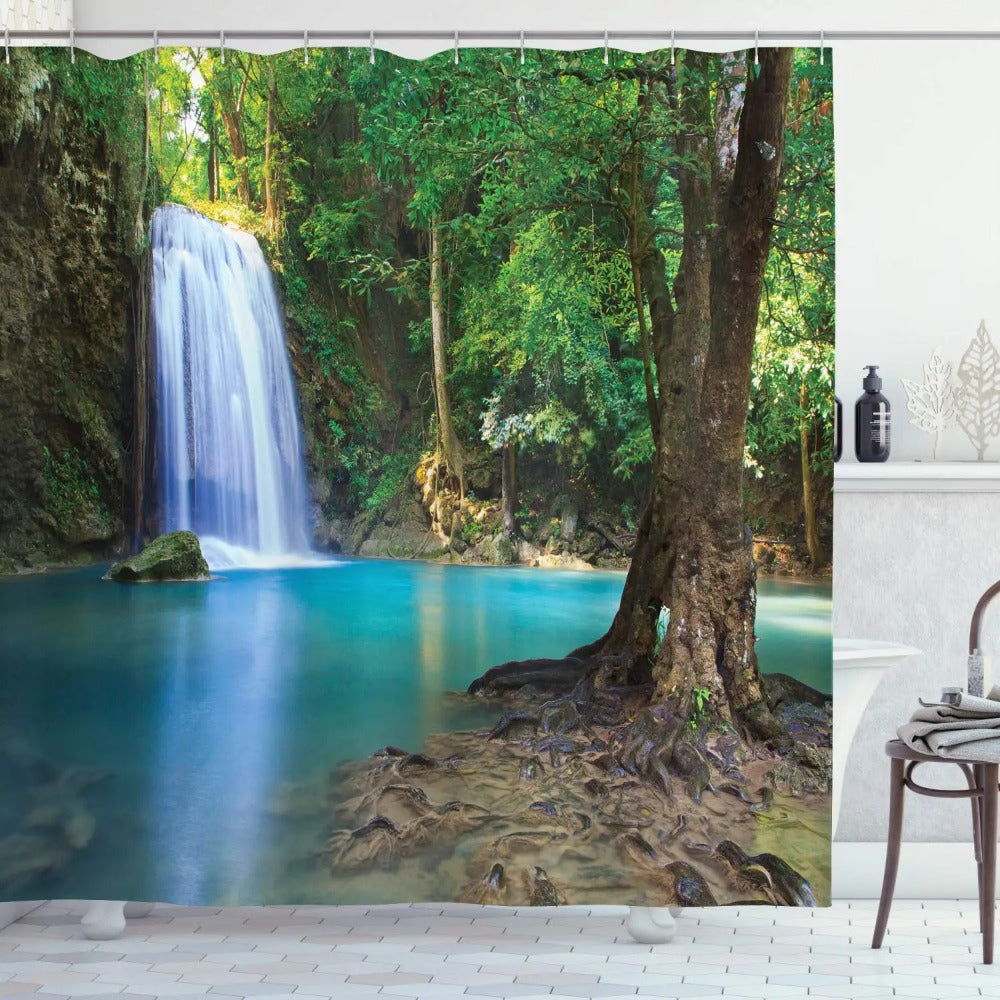 3D Nature Landscape Waterfall Scenery Waterproof Shower Curtain Bathroom Products Creative Polyester Bath Curtain with 12 Hooks