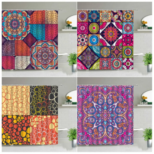 Bohemia Shower Curtain Set India Mandala Flower Geometric Printed Bath Curtains Waterproof Fabric Wall Screen Bathroom Decor