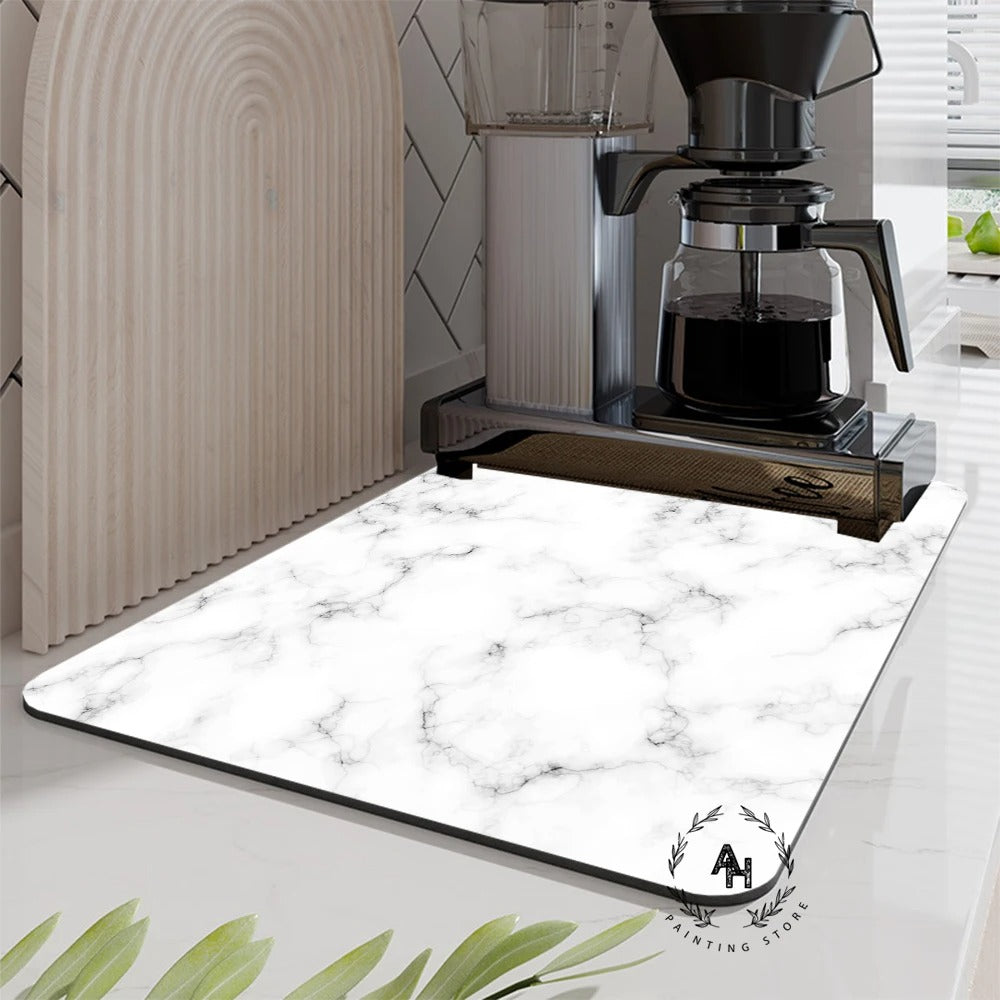 Marble Style Dish Drying Mat, Soft Rubber Draining Pad, Non-Slip Super Absorbent Coffee Machine Mat, Placemat Dining Table Decor