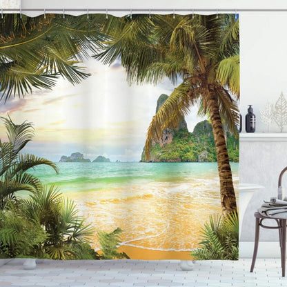 Summer Tropical Beach Scenery Shower Curtain with Hooks Seaside Island Palm Trees Blue Sea Bath Curtain Bathroom Bathtub Decor