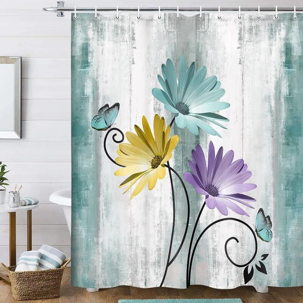 Teal Large Daisy Floral and Butterfly Shower Curtain Turquoise Bathroom Curtain  Waterproof Bathroom Decoration With Hooks