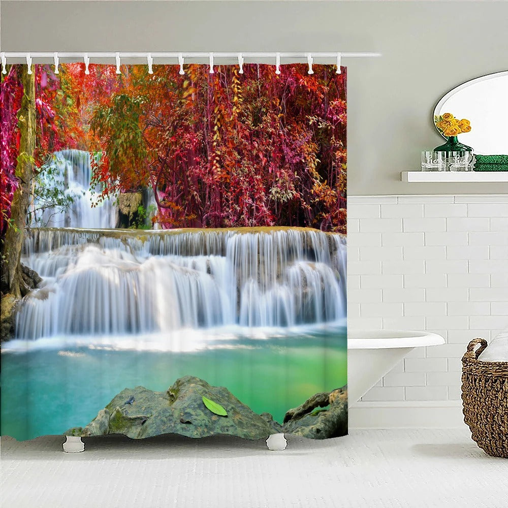High Quality Natural Landscape Rain Forest Fabric Shower Curtain Waterproof Bath Curtains for Bathroom Decorate with Hooks