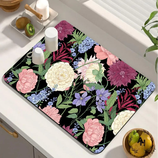 Dish Drying Mat, Printed Rubber Placemat Draining Pad, Non-Slip Super Absorbent Coffee Machine Mat, Dining Table Decorations