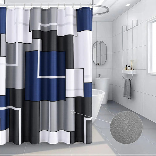 Modern Simple Navy Blue Geometric Shower Curtain Bathroom Accessories Decor Black and Gray Shower Curtain Set with Hooks
