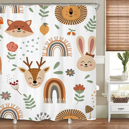 Cartoon Hand-Painted Animal Shower Curtain Cat Bird Rabbit Plant Flower Child Bathroom Decor With Hook Hanging Screen Washable