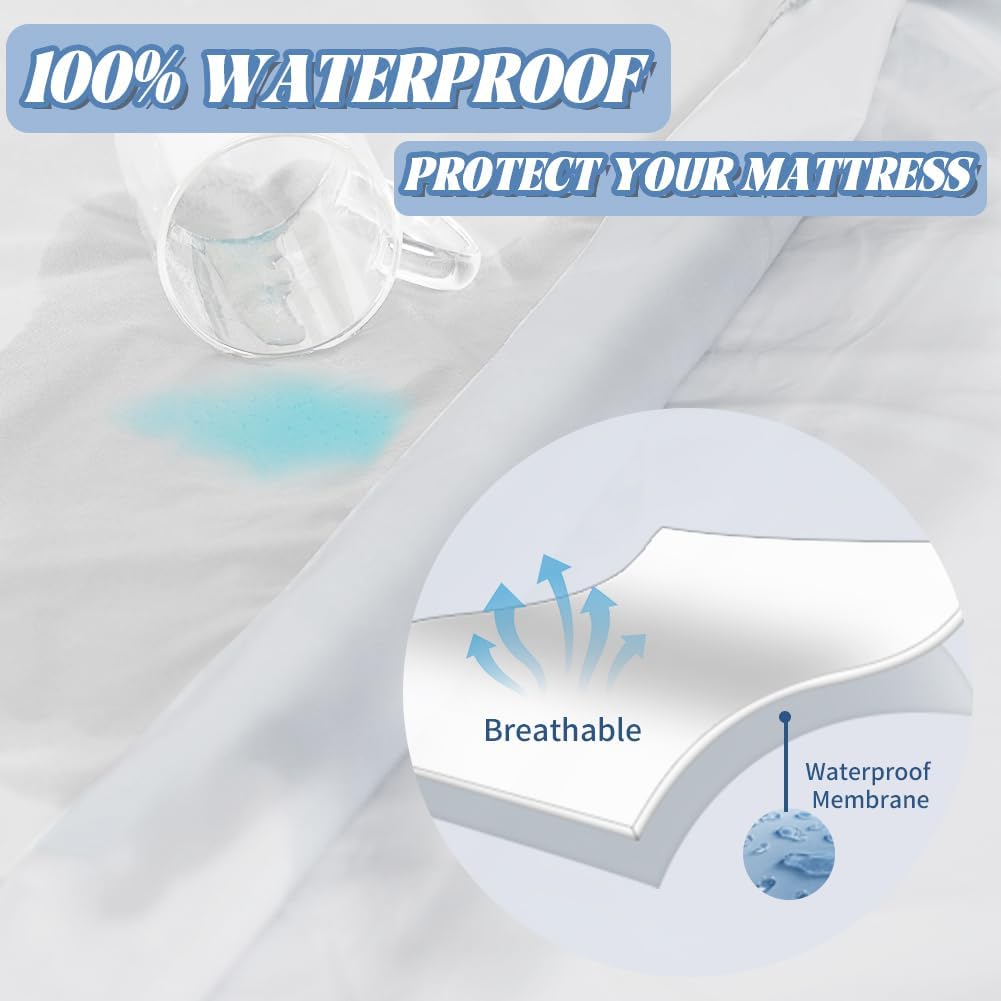 Waterproof mattress cover, zippered mattress protector, waterproof, stain-resistant, bed bug and dust mite resistant, hypoallergenic, and washable.