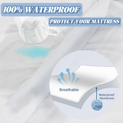 Waterproof mattress cover, zippered mattress protector, waterproof, stain-resistant, bed bug and dust mite resistant, hypoallergenic, and washable.