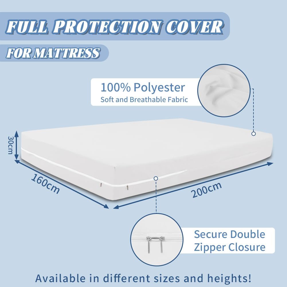 Waterproof mattress cover, zippered mattress protector, waterproof, stain-resistant, bed bug and dust mite resistant, hypoallergenic, and washable.