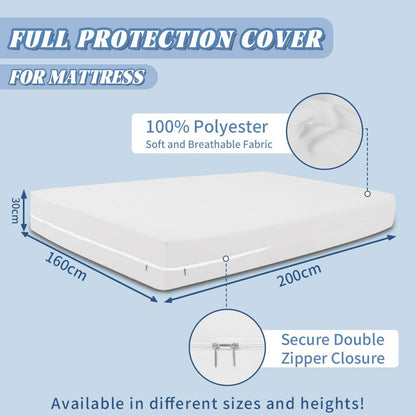 Waterproof mattress cover, zippered mattress protector, waterproof, stain-resistant, bed bug and dust mite resistant, hypoallergenic, and washable.