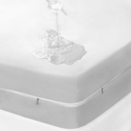 Waterproof mattress cover, zippered mattress protector, waterproof, stain-resistant, bed bug and dust mite resistant, hypoallergenic, and washable.