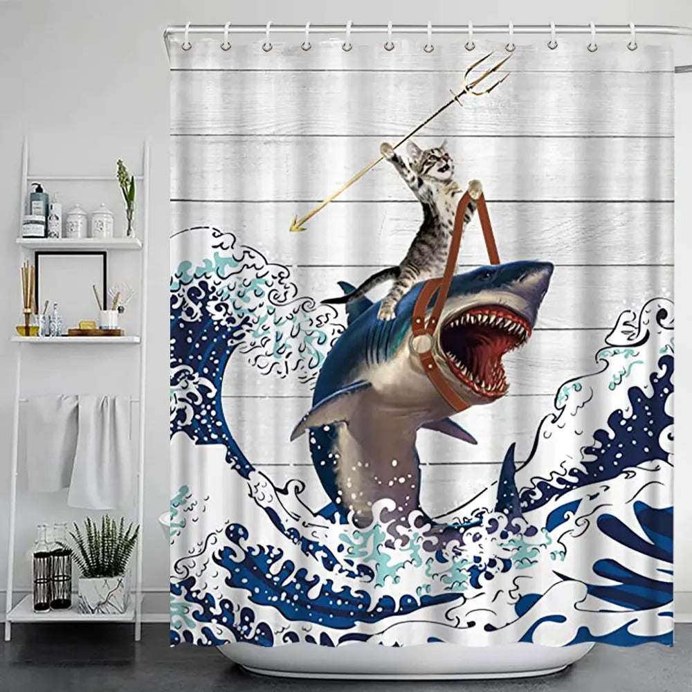 Grey Cute Rabbit Bathroom Shower Curtain Funny Cat Riding Dinosaur Animal Polyester Fabric Hanging Curtains Bathroom Decor Set