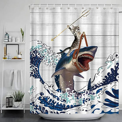 Grey Cute Rabbit Bathroom Shower Curtain Funny Cat Riding Dinosaur Animal Polyester Fabric Hanging Curtains Bathroom Decor Set