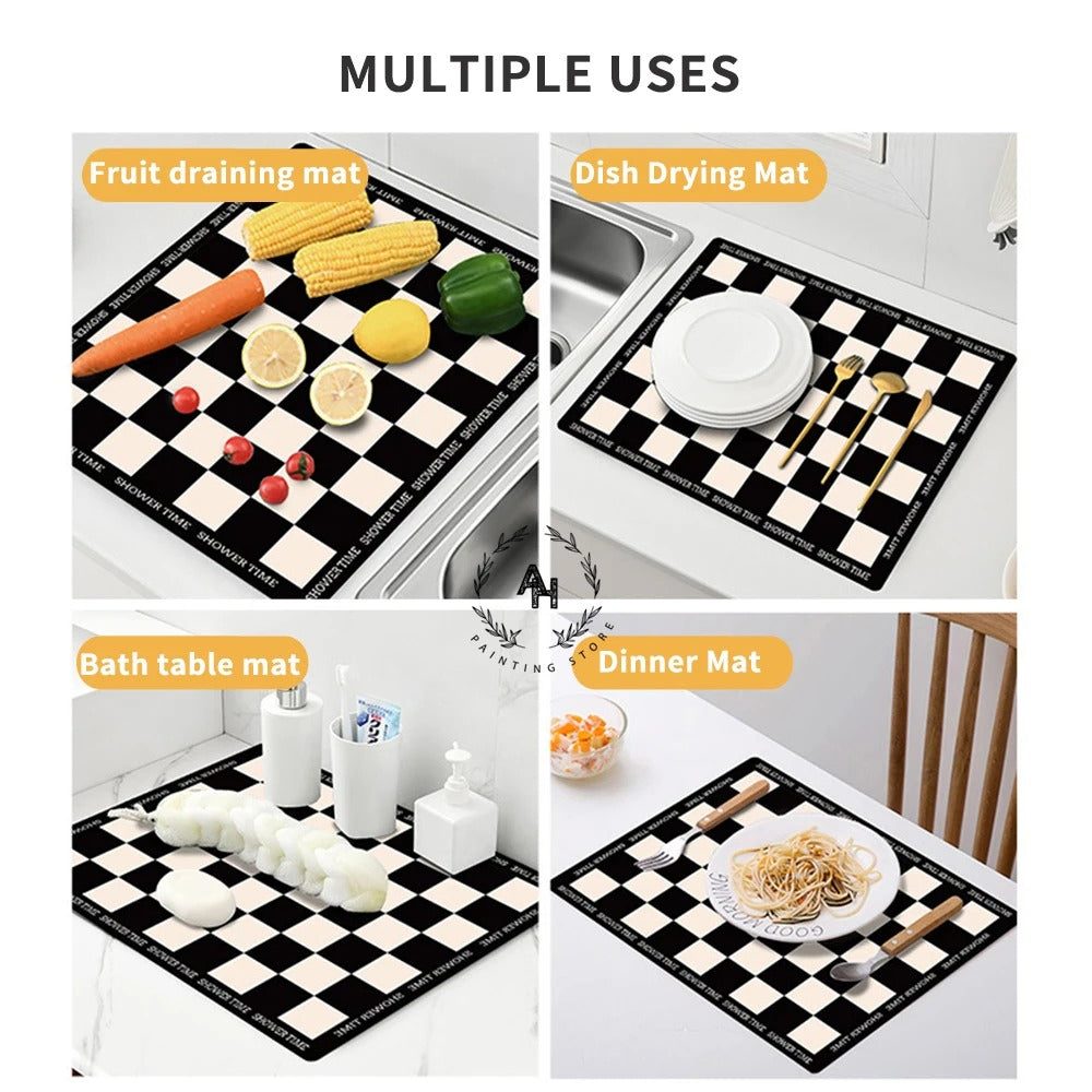 Dish Drying Mat, Printed Rubber Placemat Draining Pad, Non-Slip Super Absorbent Coffee Machine Mat, Dining Table Decorations