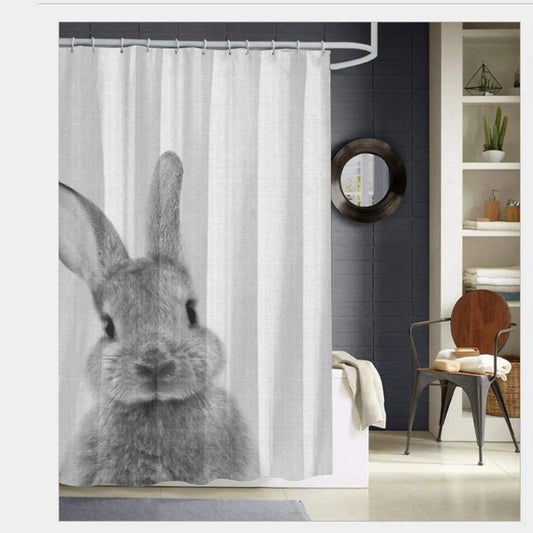 Grey Cute Rabbit Bathroom Shower Curtain Funny Cat Riding Dinosaur Animal Polyester Fabric Hanging Curtains Bathroom Decor Set