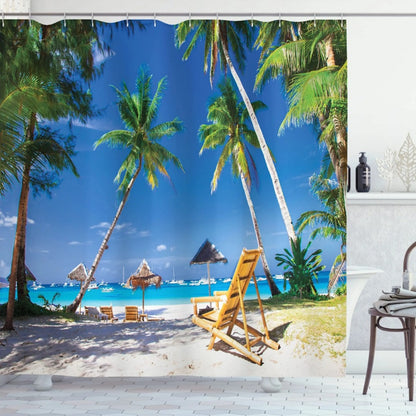 Summer Tropical Beach Scenery Shower Curtain with Hooks Seaside Island Palm Trees Blue Sea Bath Curtain Bathroom Bathtub Decor