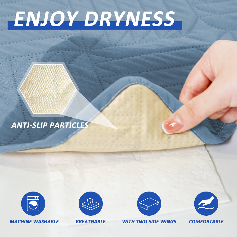 Washable incontinence pads with wings, waterproof mattress protector, reusable absorbent sheet for incontinence and bedwetting, non-slip underside