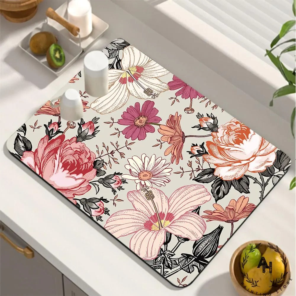 Dish Drying Mat, Printed Rubber Placemat Draining Pad, Non-Slip Super Absorbent Coffee Machine Mat, Dining Table Decorations