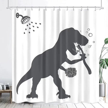 Grey Cute Rabbit Bathroom Shower Curtain Funny Cat Riding Dinosaur Animal Polyester Fabric Hanging Curtains Bathroom Decor Set