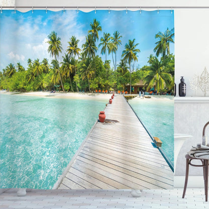 Summer Tropical Beach Scenery Shower Curtain with Hooks Seaside Island Palm Trees Blue Sea Bath Curtain Bathroom Bathtub Decor