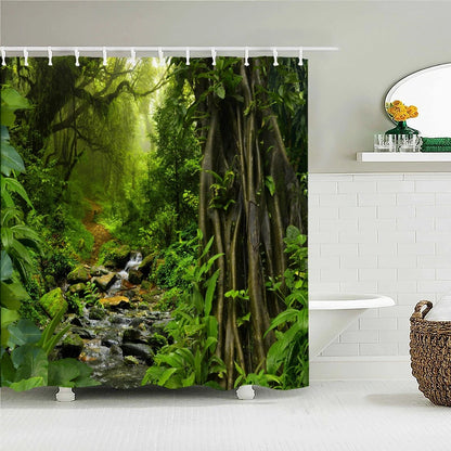 High Quality Natural Landscape Rain Forest Fabric Shower Curtain Waterproof Bath Curtains for Bathroom Decorate with Hooks
