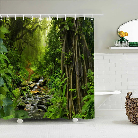 High Quality Natural Landscape Rain Forest Fabric Shower Curtain Waterproof Bath Curtains for Bathroom Decorate with Hooks