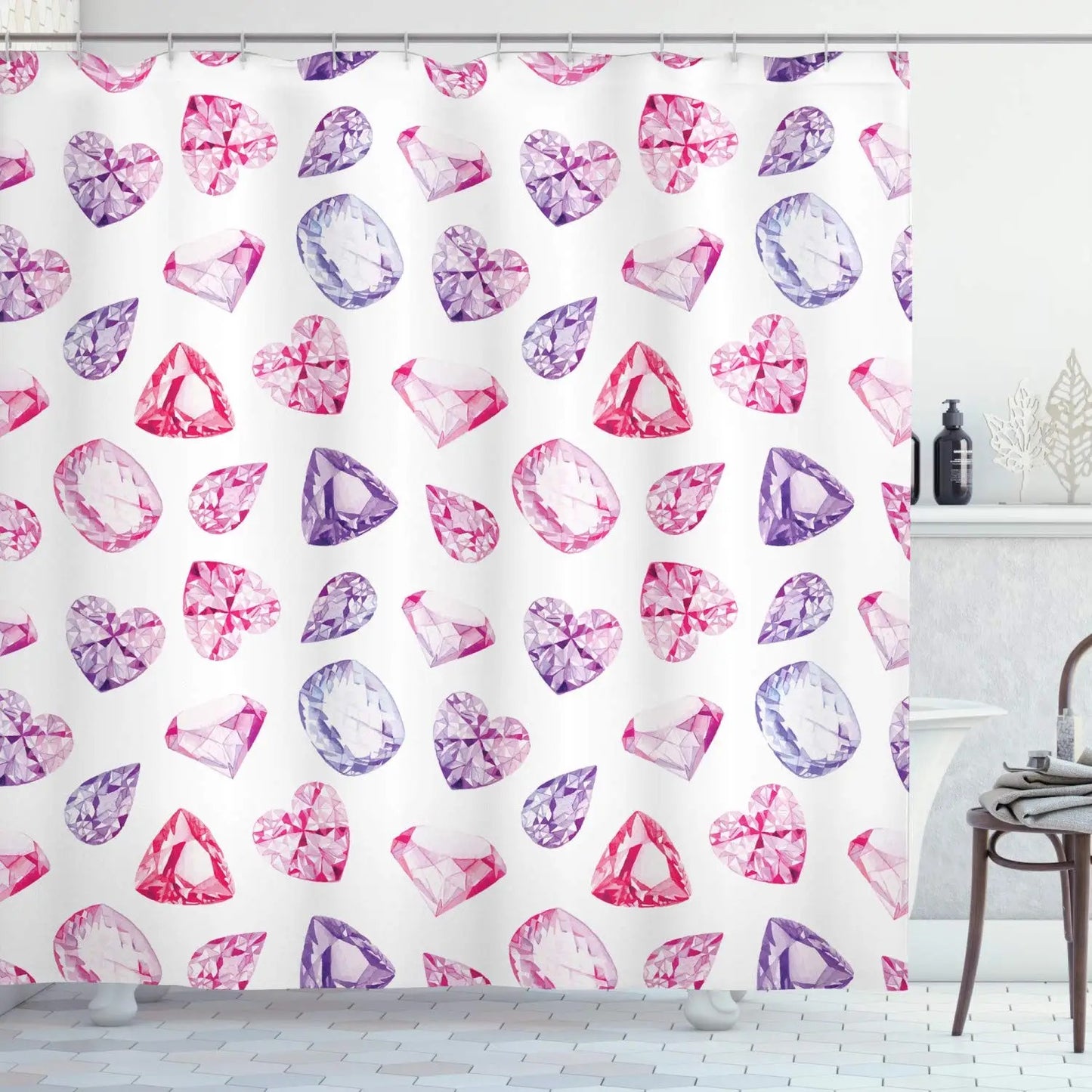 Pearls Shower Curtain,Diamonds Stones and Pearls Hanging Necklace Bridal Wedding Theme Waterproof Fabric Bathroom Curtains,Hooks