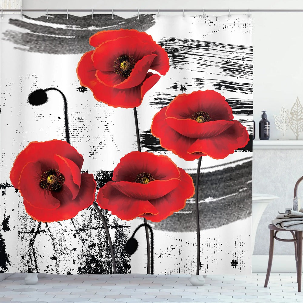 Red Flower Shower Curtain, Poppy Flower Shower Curtains with Floral Washable Fabric Shower Curtains for Bathroom Sets with Hooks