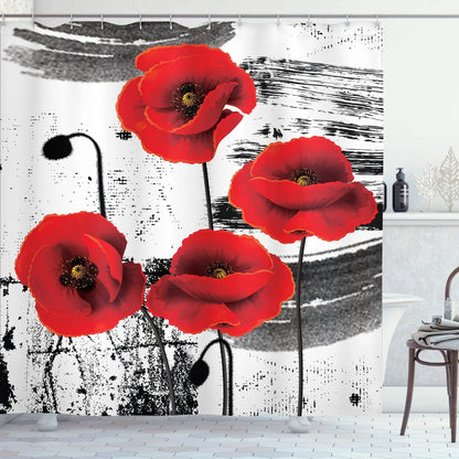 Red Flower Shower Curtain, Poppy Flower Shower Curtains with Floral Washable Fabric Shower Curtains for Bathroom Sets with Hooks