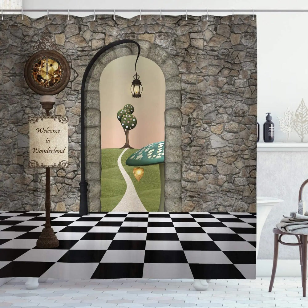 Alice In Wonderland Party Decorations Backdrop Shower Curtain,Fantasy Landscape Mushroom Art,Cloth Fabric for Bathroom Set,Hooks