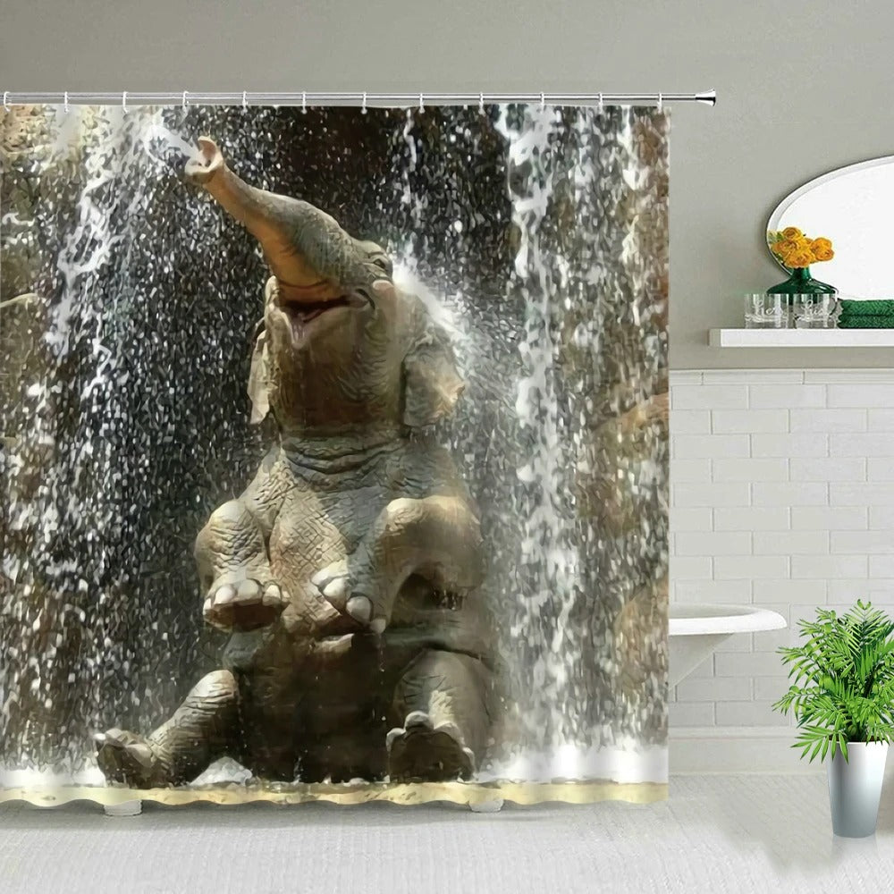 Animal Shower Curtains Elephant Zebra Tiger Leopard Waterproof Fabric Bath Curtains Wildlife Printed Bathroom Decor Screen Hooks