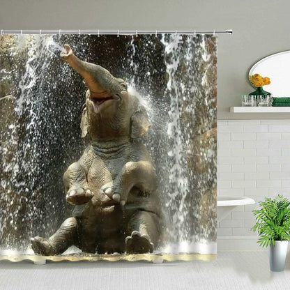 Animal Shower Curtains Elephant Zebra Tiger Leopard Waterproof Fabric Bath Curtains Wildlife Printed Bathroom Decor Screen Hooks